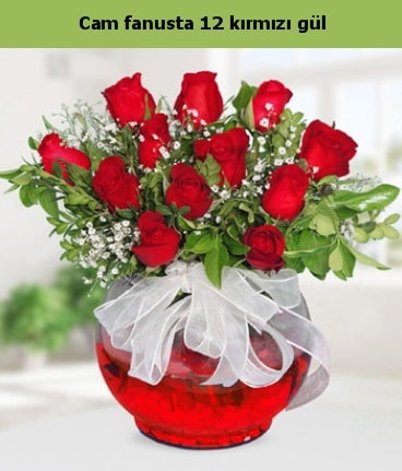 Cam içerisinde 12 adet kırmızı gül  Malatya uluslararası çiçek gönderme 